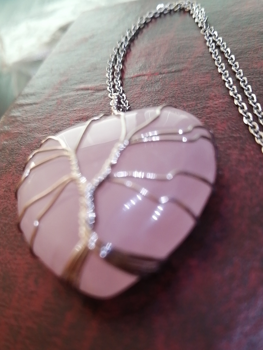 Soft Pink Rose Quartz Heart Silver Wire Tree Of Life Pendant Necklace